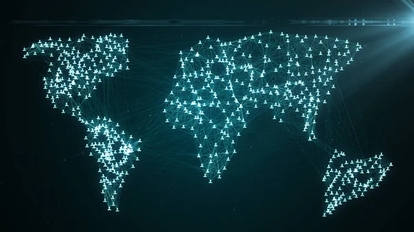Connecter les gens sur Internet, nœuds se transformant en forme de carte du monde, connexion aux réseaux sociaux illustration 3D — Photo