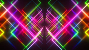 Fütüristik koridor arka planında soyut uçuş, floresan ultraviyole ışık, ayna çizgileri lazer neon çizgileri, geometrik sonsuz tünel, 3D illüstrasyon, çok renkli spektrum