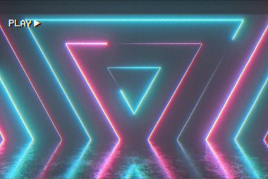 Gürültü objeleri pikselleme posterizasyonu ile kusursuz bir şekilde görünen neon renkli üçgenin soyut arka planı. Retro video efekti, eski 90 'ların Vhs video kaseti. 3d illüstrasyon