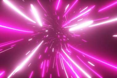 Soyut parlak neon teknoloji tünelinde uçuyorlar. Modern ışık. Veri uzayında hiper sıçrama. 3 boyutlu illüstrasyon. Modern ultraviyole ışık spektrumu.