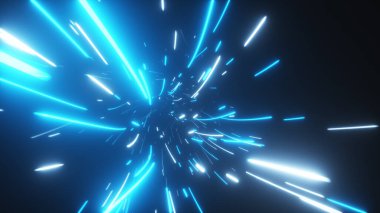 Soyut parlak neon teknoloji tünelinde uçuyorlar. Modern ışık. Veri uzayında hiper sıçrama. 3 boyutlu illüstrasyon. Modern ultraviyole ışık spektrumu.