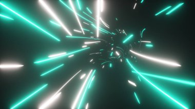 Soyut parlak neon teknoloji tünelinde uçuyorlar. Modern ışık. Veri uzayında hiper sıçrama. 3 boyutlu illüstrasyon. Modern ultraviyole ışık spektrumu.