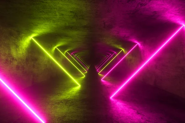 Fliegen in endlosen Metalltunnel, abstrakte bunte Neonhintergrund, ultraviolettes Licht, glühende Linien, Virtual-Reality-Schnittstelle, Rahmen, hud, rosa blaues Spektrum, Laserstrahlen. 3D-Illustration — Stockfoto