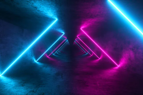 Voando em túnel de metal sem fim, fundo de néon colorido abstrato, luz ultravioleta, linhas brilhantes, interface de realidade virtual, quadros, hud, espectro azul rosa, raios laser. ilustração 3d — Fotografia de Stock