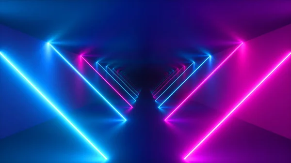 Sonsuz tünelde uçmak, soyut renkli neon arka plan, ultraviyole ışık, parlayan çizgiler, sanal gerçeklik arayüzü, çerçeveler, hud, pembe mavi tayf, lazer ışınları. 3d illüstrasyon