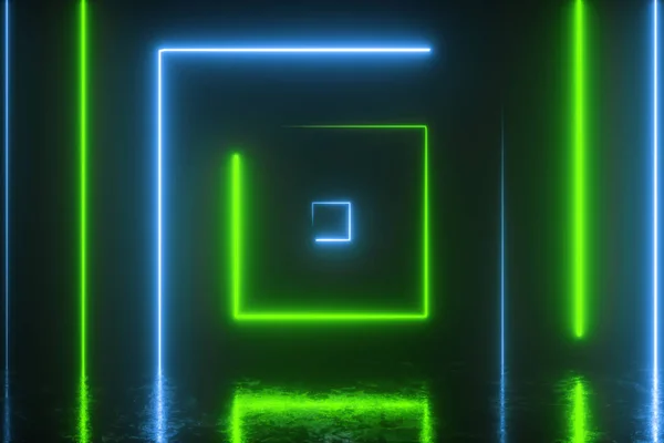 Fundal abstract din cquares colorate neon care apar perfect. Reflecție într-o podea metalică zgâriată. Lumina ultravioletă fluorescentă modernă. Ilustrație 3d — Fotografie, imagine de stoc
