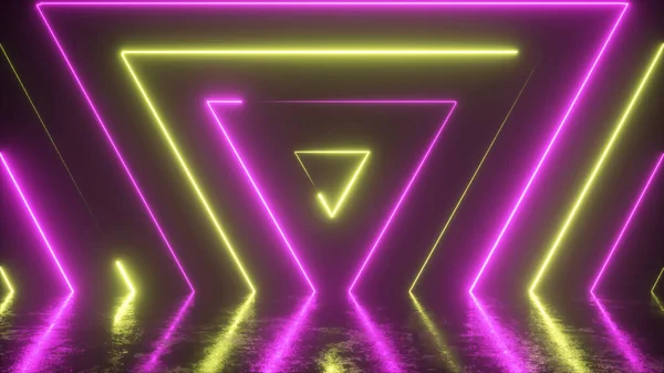 Fundo abstrato de triângulos coloridos de néon perfeitamente aparecendo. Reflexão em um piso de metal riscado. Luz moderna ultravioleta fluorescente. ilustração 3d — Fotografia de Stock