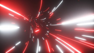 Soyut parlak neon teknoloji tünelinde uçuyorlar. Modern ışık. Veri uzayında hiper sıçrama. 3 boyutlu illüstrasyon. Modern ultraviyole ışık spektrumu.