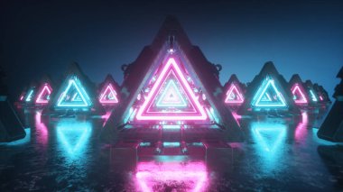 Üçgenleri, floresan ultraviyole ışığı, lazer neon hatları, geometrik sonsuz tünel, mavi pembe spektrum, 3D çizimleri olan fütüristik metal koridorlarda soyut uçuşlar.