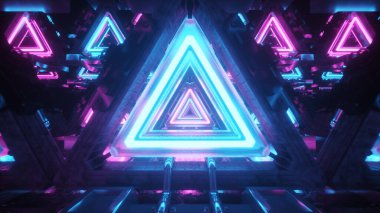 Fütüristik metal koridorda üçgenler, dikişsiz döngü 4k arkaplan, floresan ultraviyole ışık, lazer neon hatları, geometrik sonsuz tünel, mavi pembe spektrum, 3d çizim