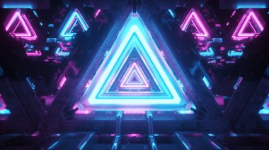 Abstract flying in futuristic metal corridor with triangles, seamless loop 4k background, fluorescent ultraviolet light, laser neon lines, geometric endless tunnel, blue pink spectrum, 3d illustration clipart