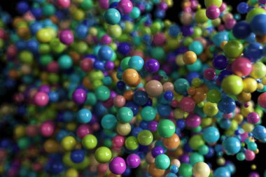 Çok renkli kürelerin hareket ettiği siyah izole arkaplan üzerine soyut bir arkaplan. Ultra gerçekçi 3 boyutlu çizim geometrik kompozisyonu. Modern moda postmodern tasarım.