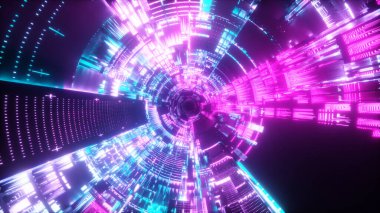 Uzay gemisi tüneline, bilim kurgu uzay gemisi koridoruna uçuyoruz. Fütürist teknoloji soyut dikişsiz Vj modern ultraviyole neon spektrumu. İnternet için hareket grafiği, hız. 3d illüstrasyon