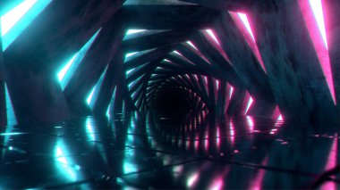 Parlak neon bir neon koridorda uçan altıgenler. Mavi pembe mor spektrum, tünelde floresan ultraviyole ışık, modern renkli ışıklandırma, 3D illüstrasyon