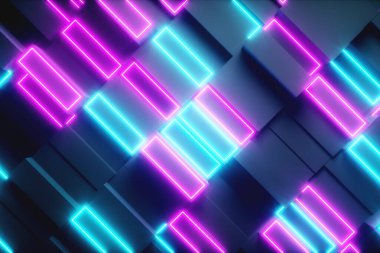 Parlak soyut hareket eden dikdörtgenler ve neon elementler. Parlak ışık. Modern turuncu mavi renk tayfı. 3d illüstrasyon