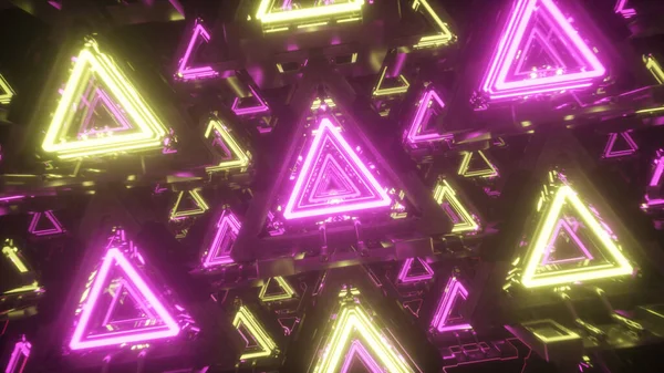 Abstrato voando em corredor futurista de metal com triângulos, luz ultravioleta fluorescente, linhas de néon laser, túnel sem fim geométrico, espectro rosa amarelo, ilustração 3d — Fotografia de Stock