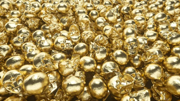 Um monte de crânios dourados estão em cima um do outro. O conceito de ganância. ilustração 3d — Fotografia de Stock