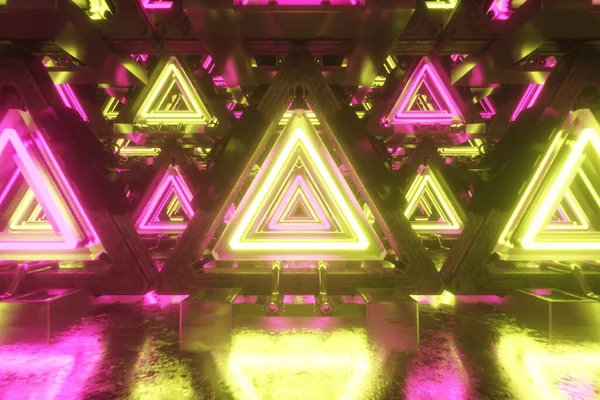Абстрактні літаючі в металевому футуристичному коридорі з трикутниками, флуоресцентні ультрафіолетові лінії, лазерні неонові лінії, геометричний нескінченний тунель, жовтий рожевий спектр, 3d ілюстрація — стокове фото