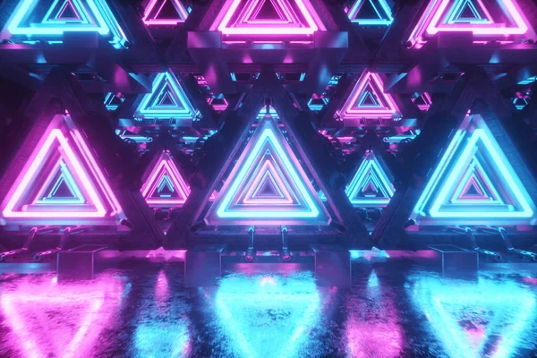 Абстрактний літаючий у футуристичному металевому коридорі з трикутниками, безшовний цикл 4k фон, флуоресцентне ультрафіолетове світло, лазерні неонові лінії, геометричний нескінченний тунель, синьо-рожевий спектр, 3d ілюстрація — стокове фото