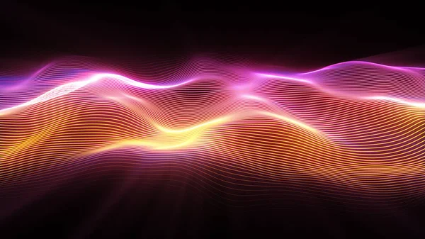 Abstraktní povrch vln. Velké množství částic. Futuristický neonový zářící povrch. Abstraktní pozadí pohybu. 3D ilustrace — Stock fotografie
