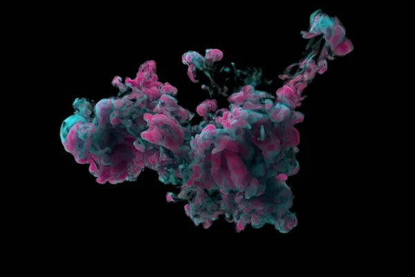 Pink Blue Color Burst - цветной дым порошок взрыва жидкости частицы чернил замедленного движения. 3D иллюстрация на черном изолированном фоне — стоковое фото