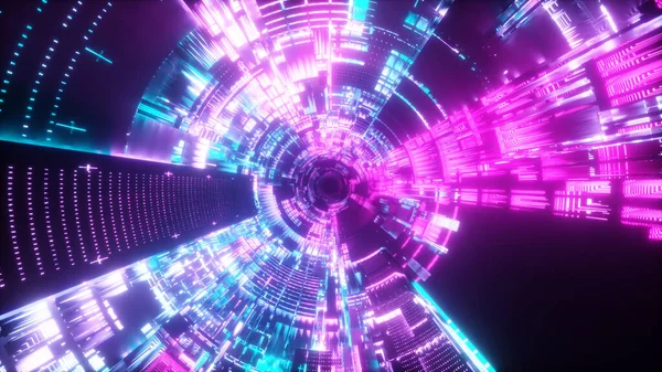 Flying into spaceship tunnel, sci-fi spaceship corridor. Futuristic technology abstract seamless VJ modern ultraviolet neon spectrum. Motion graphic for internet, speed. 3d illustration — ストック写真