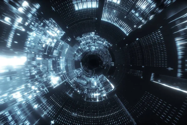 Űrhajó alagútba repül, sci-fi űrhajó folyosóra. Futurisztikus technológia elvont zökkenőmentes Vj modern ultraibolya neon spektrum. Mozgókép az internetre, sebesség. 3d illusztráció — Stock Fotó