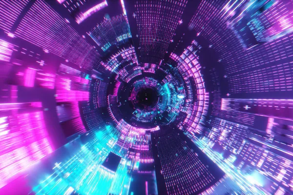 Volo nel tunnel dell'astronave, corridoio dell'astronave fantascientifica. Tecnologia futuristica astratto senza soluzione di continuità VJ moderno spettro neon ultravioletto. Grafico di movimento per internet, velocità. Illustrazione 3d — Foto Stock