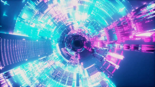 Voando para o túnel da nave espacial, corredor da nave espacial sci-fi. Tecnologia futurista abstrato sem costura VJ moderno espectro de néon ultravioleta. Moção gráfica para internet, velocidade. ilustração 3d — Fotografia de Stock