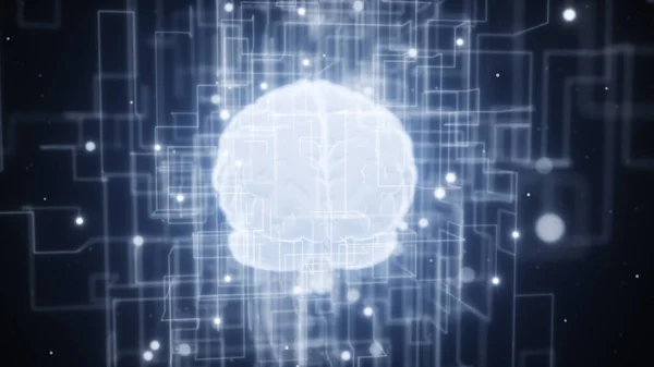 Rozwijająca się sieć wokół cyfrowego mózgu sztucznej inteligencji. Big data deep learning komputer maszyna 3d ilustracja — Zdjęcie stockowe