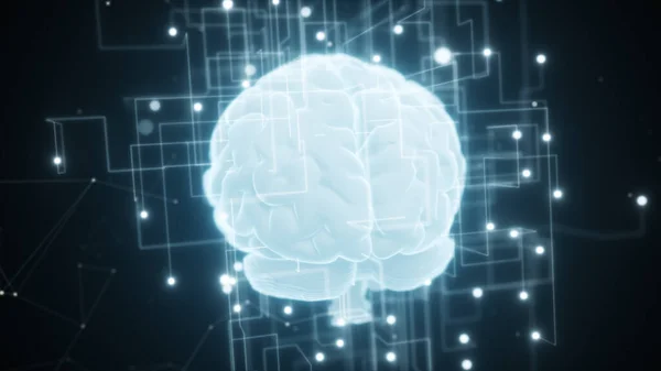Rozwijająca się sieć wokół cyfrowego mózgu sztucznej inteligencji. Big data deep learning komputer maszyna 3d ilustracja — Zdjęcie stockowe