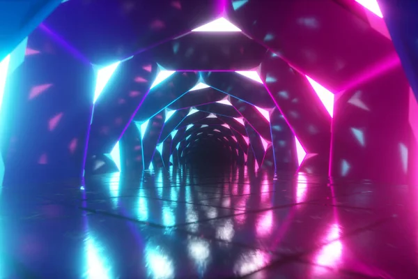 Flyger genom en lysande neonkorridor av virvlande hexagoner. Blå röd rosa lila spektrum, fluorescerande ultraviolett ljus i tunneln, modern färgglad belysning, 3D-illustration — Stockfoto