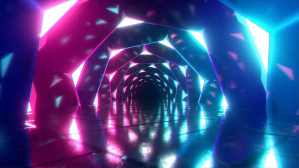 Volando attraverso un luminoso corridoio al neon di esagoni vorticosi. Blu rosso rosa viola spettro, fluorescente luce ultravioletta nel tunnel, moderna illuminazione colorata, illustrazione 3d — Foto Stock