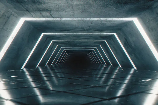 Voando em um moderno futurista vazio sci-fi corredor noturno. Nave alienígena retro na forma de um corredor hexágono com luzes de néon luminoso azul frio com um piso quadrado. ilustração 3d — Fotografia de Stock