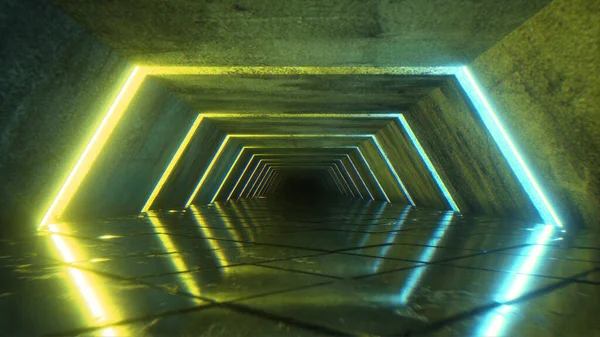 Volando en un moderno corredor nocturno futurista de ciencia ficción vacío. Nave extraterrestre retro en forma de corredor hexágono con luces de neón luminosas de color azul frío con un piso cuadrado. ilustración 3d —  Fotos de Stock