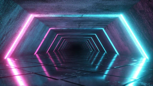 Zburând într-un coridor modern futurist de noapte SF gol. Nava extraterestră retro sub forma unui coridor hexagonal cu lumini luminoase de neon albastru rece, cu o podea pătrată. Ilustrație 3d — Fotografie, imagine de stoc