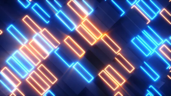 Bright abstract moving structure of rectangles with neon elements. Bright light. Modern orange blue color spectrum. 3d illustration — Stock Photo, Image