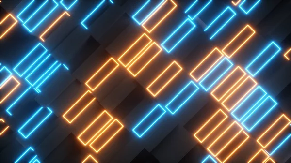 Parlak soyut hareket eden dikdörtgenler ve neon elementler. Parlak ışık. Modern turuncu mavi renk tayfı. 3d illüstrasyon — Stok fotoğraf