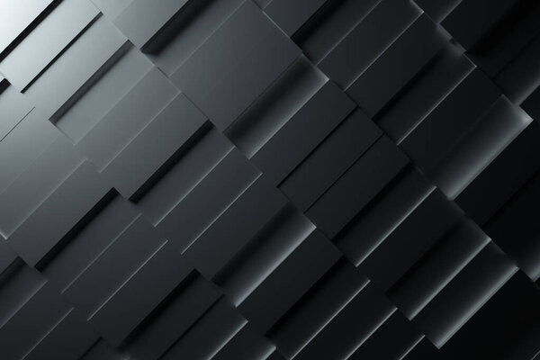 Black abstract moving structure of rectangles with a moving light source. Dark clean minimalistic rectangular mesh, random background movement. 3d illustration