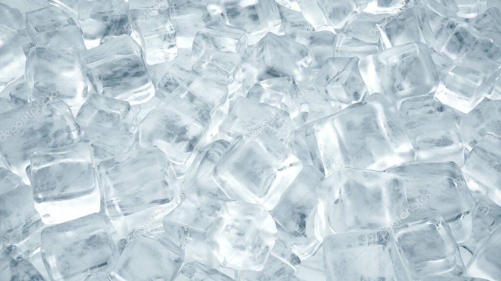 Ice cubes for cold drinks. Rotation of ice cubes from crystal clear water. 3d illustration