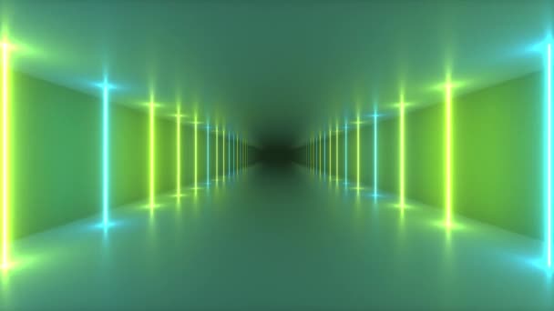 Representación 3D en bucle sin costura abstracta de un vuelo en un corredor futurista, tubos de luz luminosos, láseres y líneas. Espectro de luz colorido moderno — Vídeos de Stock