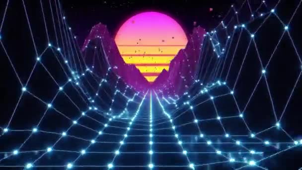 Retro futuristic flight in space with a polygonal mesh on the generated hills and floor. Concept 80s 90s. Fantastic abstract neon background. Seamless loop 3d render — 비디오