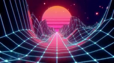 Zemin ve tepelerde çokgen bir ağ oluşturarak uzayda geçmişe dönük fütüristik uçuş. 80 'lerin konsepti. Fevkalade soyut neon fon. Kusursuz 3D döngü oluşturucu