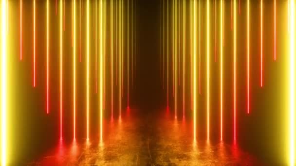 Бесконечный коридор с неоновыми линиями. Поцарапали пол. Безseamloop 3d render. Современный красочный неоновый спектр света — стоковое видео