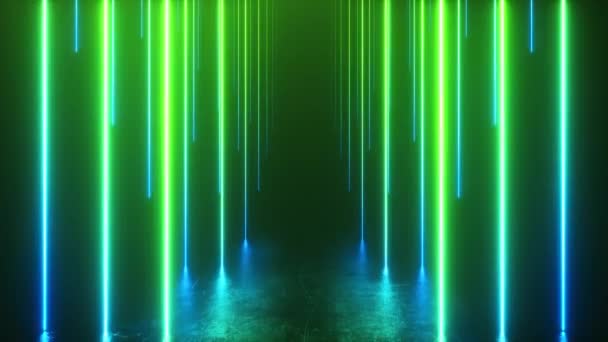 Endloser Korridor mit Neonlinien, die nach oben tendieren. Metall reflektierenden Boden zerkratzt. nahtlose 3D-Renderschleife. modernes buntes Neonlichtspektrum — Stockvideo