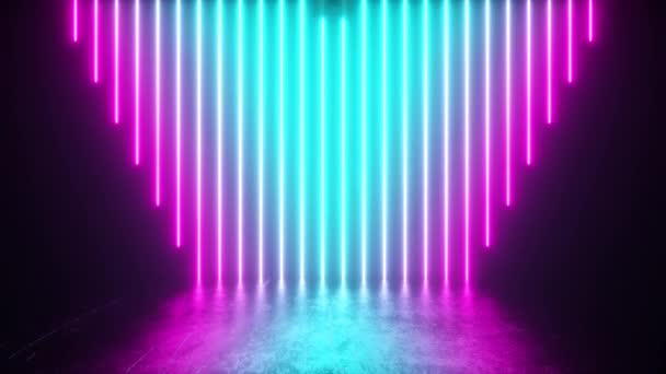 Футуристическая сцена с яркими неоновыми трубками, спускающимися в железный металлический пол с отражениями и царапинами. Разноцветный спектр. Бесшовный трехмерный рендер — стоковое видео