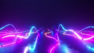 Renkli parlak neon ışıklı bir grafik dengeleyicinin üzerinde uçuyor. Müzik dünyası. Ultraviyole sinyal spektrumu, lazer gösterisi, enerji, ses titreşimleri ve dalgalar.