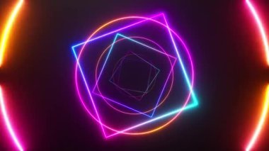 Tünelin içinde sonsuz uçuş, neon ışığı soyut arka plan, yuvarlak arcade, portal, halkalar, daireler, sanal gerçeklik, ultraviyole spektrum, lazer gösterisi, metal zemin yansıması. Kusursuz 3D döngü oluşturucu