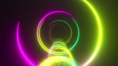 Tünelin içinde sonsuz uçuş, neon ışığı soyut arka plan, yuvarlak oyun salonu, portal, halkalar, daireler, sanal gerçeklik, modern ışık spektrumu, lazer gösterisi. Kusursuz 3D döngü oluşturucu