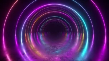 Tünelin içinde sonsuz uçuş, neon ışığı soyut arka plan, yuvarlak arcade, portal, halkalar, daireler, sanal gerçeklik, ultraviyole spektrum, lazer gösterisi, metal zemin yansıması. Kusursuz 3D döngü oluşturucu